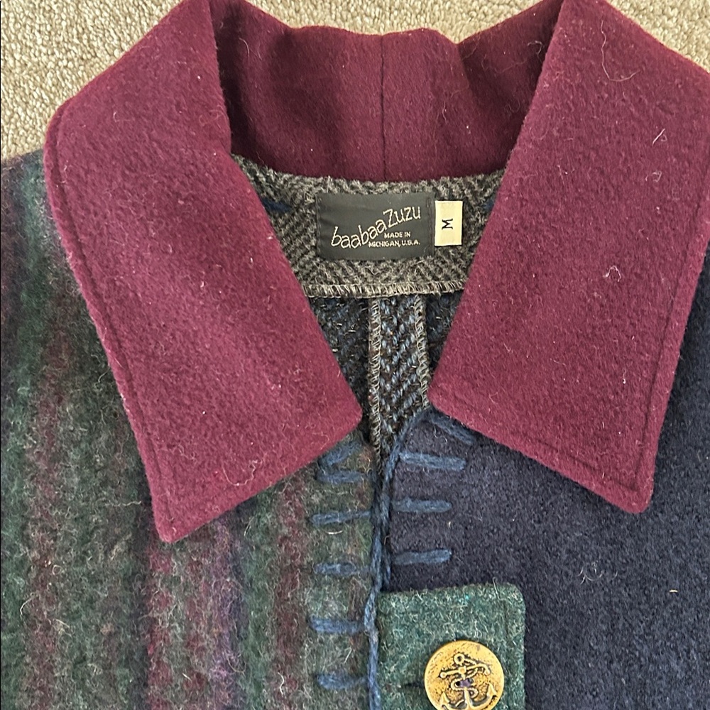 Patchwork Wool Blend Button Jacket In Plum, Navy … - image 3